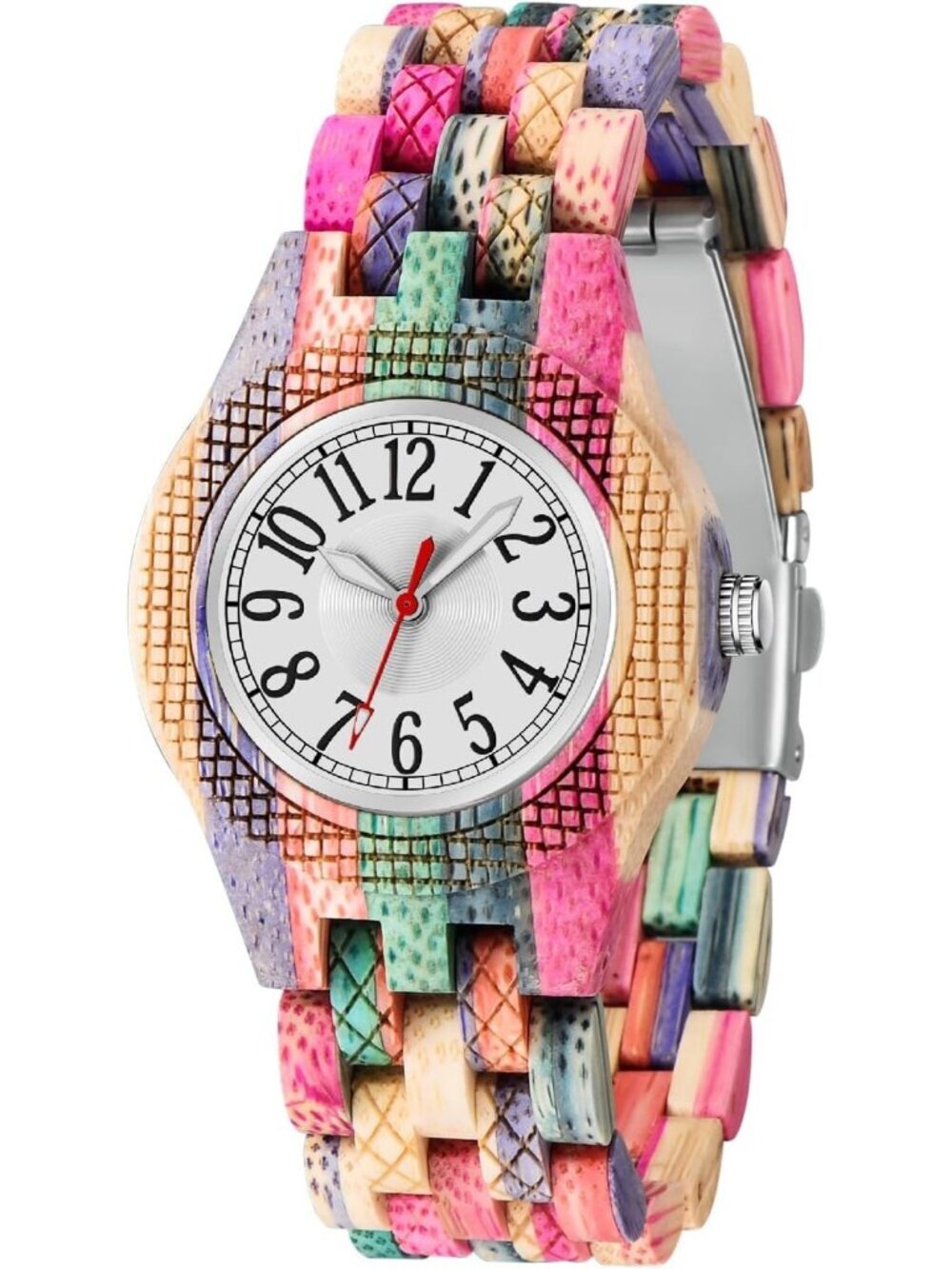 Women's Multi Colorful White Analog Quartz Couples Bamboo Classic Wooden Watch